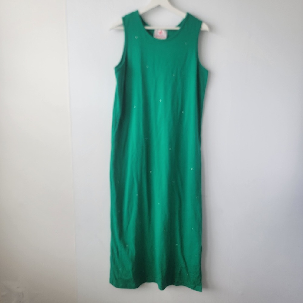 Quacker Factory women's Green maxi Rhinestones Dress size M Sleeveless cotton